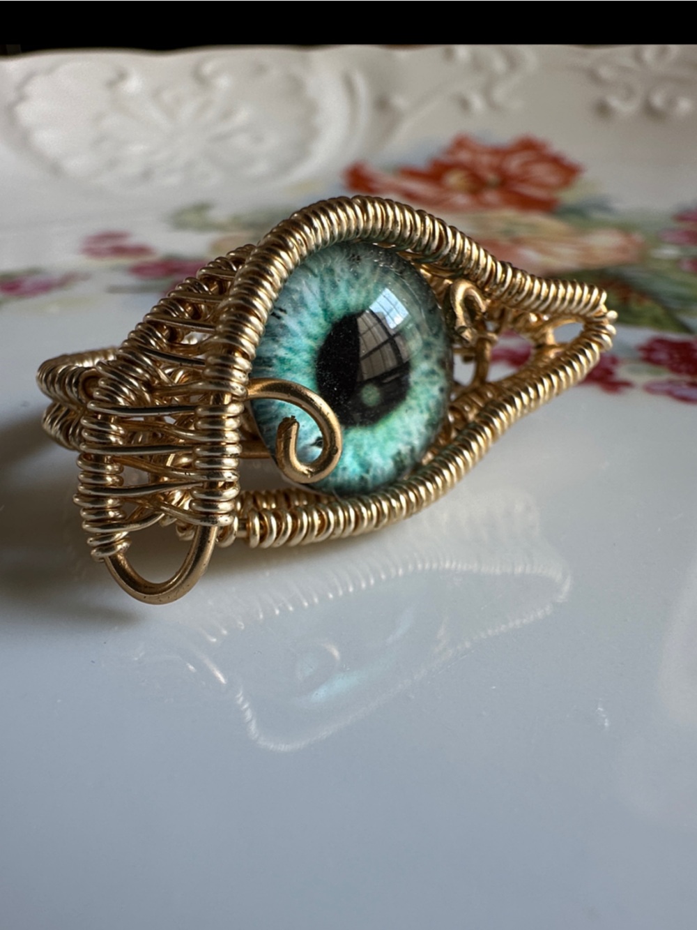 Handcrafted Gold-Tone Evil Eye Ring with Turquoise blue Center